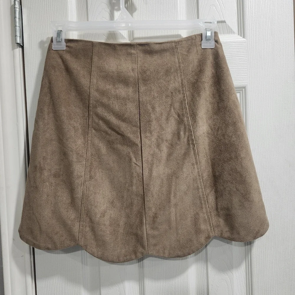 Blue Rain Faux Suede‎ Skirt Small Brown A-Line Scalloped Hem Button Front